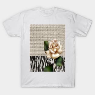 1980s Chic Zebra print rustic burlap botanical floral white rose T-Shirt